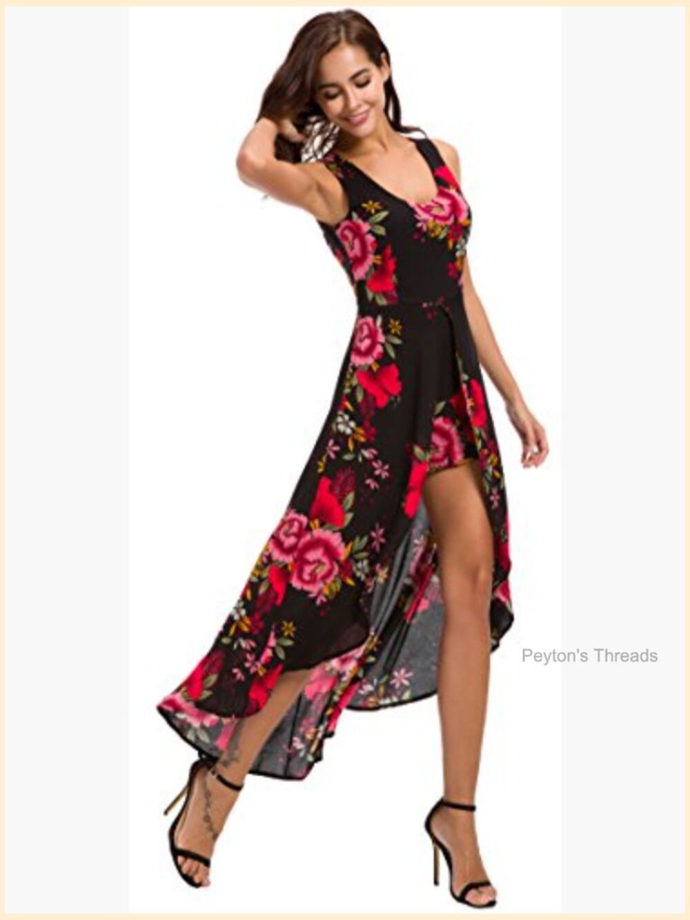 Sleeveless Scoop Neck Floral Rayon Party Split Maxi Romper Dress - Picture 2 of 7